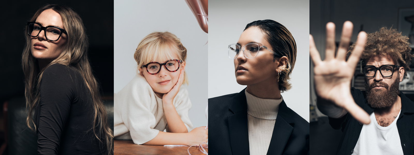 Glorify: Bilderserie, die zwei Frauen, ein Mädchen und einen Mann zeigen, die alle jeweils eine Brille tragen