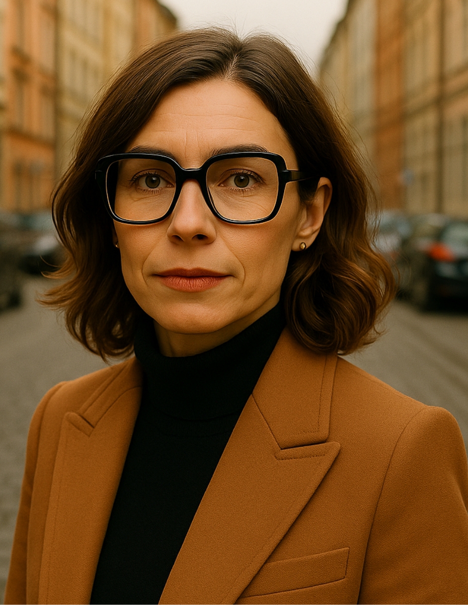 Frau mit großer Statement-Brille. 